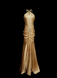 Modest Prom Dresses Aesthetic Mermaid Halter Gold Satin Inspiration Backless Style Impress Long Party Formal Gown HZ0311
