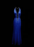 Classy Mermaid Halter Royal Blue With Beaded Bodice Long Prom Dresses Party Dress 18th Birthday Outfits Graduation Dress HZ0311