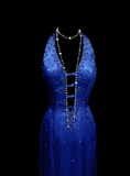 Classy Mermaid Halter Royal Blue With Beaded Bodice Long Prom Dresses Party Dress 18th Birthday Outfits Graduation Dress HZ0311
