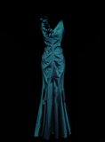 Stunning Mermaid V Neck Blue Satin Pleated Long Prom Dresses Evening Outfits Formal Dress HZ0311