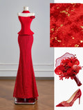 Flattering Mermaid Strapless Red Satin Lace Prom Dresses Long Evening Formal Birthday Party Gowns HZ0311
