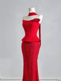 Flattering Mermaid Strapless Red Satin Lace Prom Dresses Long Evening Formal Birthday Party Gowns HZ0311