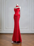 Flattering Mermaid Strapless Red Satin Lace Prom Dresses Long Evening Formal Birthday Party Gowns HZ0311