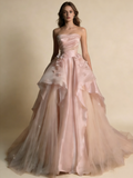 Pearl Pink Strapless A-Line Tulle Long Party Gown with Pearls HZ0427