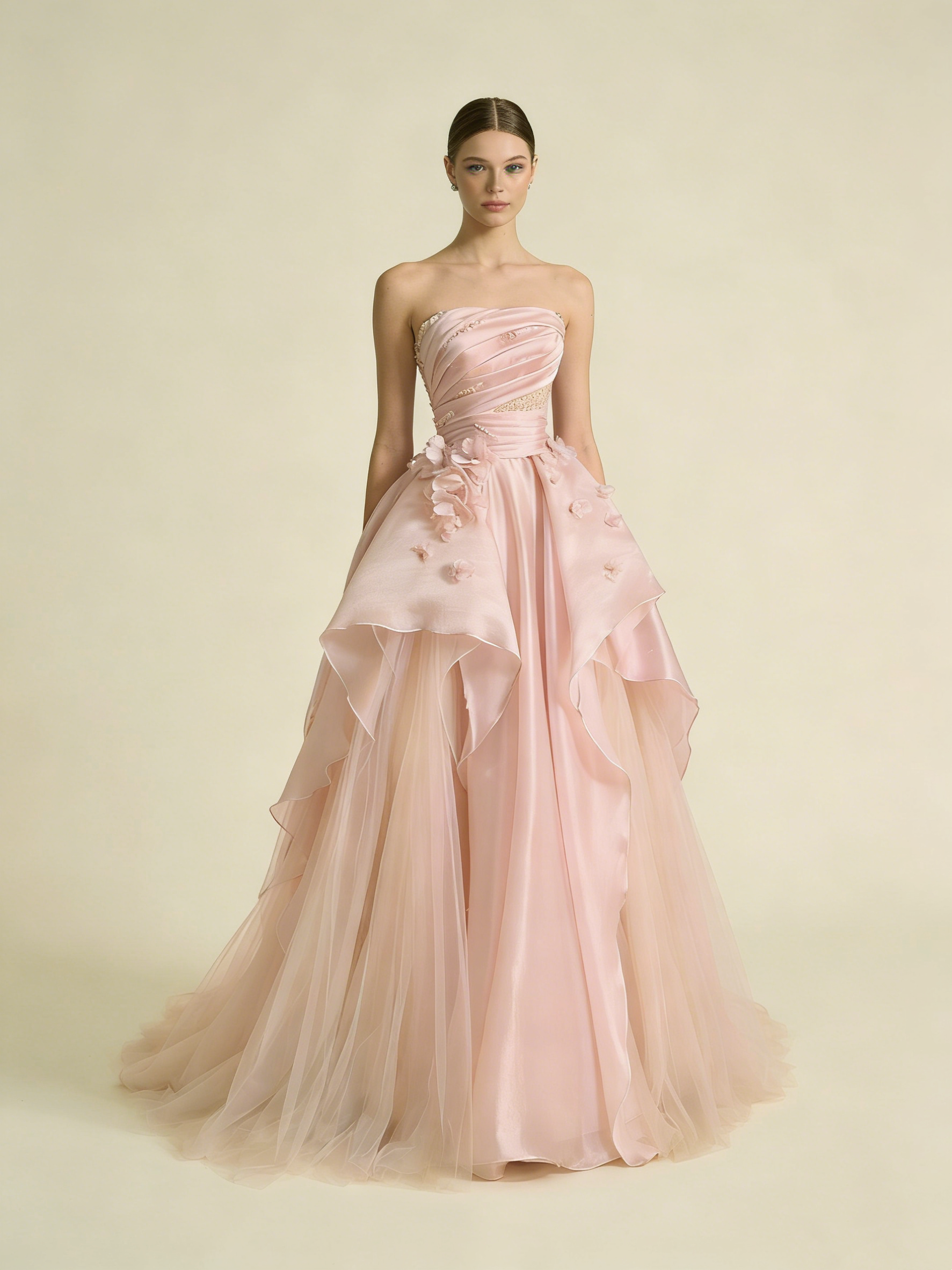 Pearl Pink Strapless A-Line Tulle Long Party Gown with Pearls HZ0427