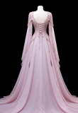 Pink Long Sleeves A-Line Elegant Long Formal Prom Dress Evening Gown Gala Dress, HZ0427