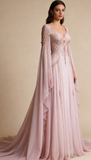 Pink Long Sleeves A-Line Elegant Long Formal Prom Dress Evening Gown Gala Dress, HZ0427