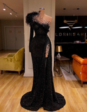 Black Evening Dresses High Neck Side Split Long Sleeve Mermaid Prom Dress Feather Beaded Sexy Special Occasion Gowns HZ0427