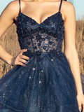 Chic Ball Gown Spaghetti Straps Navy Blue Tulle Long Prom Dresses Inspiration Party Dress Prom Gowns HZ0311