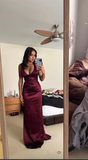 Chic Mermaid V Neck Burgundy Satin Prom Dresses Formal Dress 18th Birthday Outfits Prom Gown HZ0311