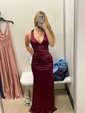 Chic Mermaid V Neck Burgundy Satin Prom Dresses Formal Dress 18th Birthday Outfits Prom Gown HZ0311