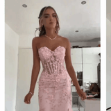 Mermaid Sweetheart Sleeveless Tulle Pink Long Formal Dresses Prom Dress HZ0311
