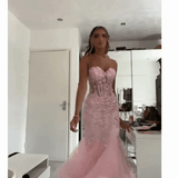 Mermaid Sweetheart Sleeveless Tulle Pink Long Formal Dresses Prom Dress HZ0311