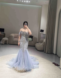 Blue Mermaid Off The Shoulder With Silver Beadings Long Prom Dress Party Gowns HZ0311