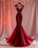 Classy Mermaid Scoop Burgundy Tulle Beaded Prom Dresses Formal Dress Birthday Outfits Prom Gown HZ0311