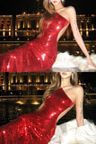 Classy Mermaid Halter Red Sequin Long Prom Dresses Formal Dress Birthday Outfits Prom Gown HZ0311