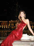 Classy Mermaid Halter Red Sequin Long Prom Dresses Formal Dress Birthday Outfits Prom Gown HZ0311