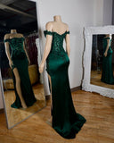 Modest Mermaid Off The Shoulder Dark Green Satin Floor Length Prom Dresses Formal Dress Birthday Outfits Prom Gown HZ0311