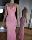 Shinning Mermaid Spaghetti Straps Pink Sequin Prom Dresses Formal Dress Birthday Outfits Prom Gown HZ0311