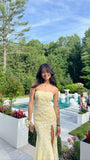 Modest Mermaid Strapless Yellow Lace Slit Floor Length Prom Dresses Formal Dress Birthday Outfits Prom Gown HZ0311