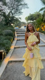 Classy A line Halter Yellow Chiffon Layers Long Prom Dresses Formal Dress Birthday Outfits Prom Gown HZ0311