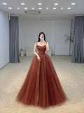 Pretty Ball Gown Spaghetti Straps Brown Tulle Prom Dresses Formal Dress 18th Birthday Outfits Prom Gown HZ0311