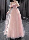 Classy A line Off The Shoulder Tulle Pink Long Prom Dresses Formal Dress Birthday Outfits Prom Gown HZ0311