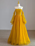 Classy Ball Gown Off The Shoulder Tulle Yellow Long Prom Dresses Formal Dress Birthday Outfits Prom Gown HZ0311