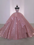 Shiny Quinceanera Dresses Ball Gown Strapless Pink Sequin Birthday Gowns Vestidos De 15 Anos Formal Long Sweet 16 Dress HZ0311