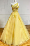 Classy Ball Gown One Shoulder Lace Tulle Yellow Long Prom Dresses Formal Dress Birthday Outfits Prom Gown HZ0311