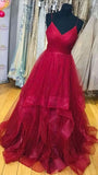 Pretty Ball Gown Spaghetti Straps Burgundy Tulle Prom Dresses Formal Dress 19th Birthday Outfits Prom Gown HZ0311