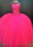 Charming Ball Gown Sweetheart Hot Pink Tulle Long Quinceanera Dress Sweet 15 16 Dresses HZ0311