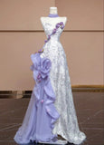 Modest Mermaid Sweetheart Lilac Tulle Silver Sequin Floor Length Prom Dresses Formal Dress Birthday Outfits Prom Gown HZ0311