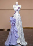 Modest Mermaid Sweetheart Lilac Tulle Silver Sequin Floor Length Prom Dresses Formal Dress Birthday Outfits Prom Gown HZ0311