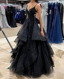 Pretty Ball Gown Spaghetti Straps Black Tulle Prom Dresses Formal Dress 19th Birthday Outfits Prom Gown HZ0311