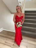 Cute Mermaid Sweetheart Red Lace Floor Length Prom Dresses Formal Dress Birthday Outfits Prom Gown HZ0311