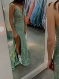 Modern Mermaid Spaghetti Straps Green Lace Slit Prom Dresses Formal Dress 18th Birthday Outfits Prom Gown HZ0311