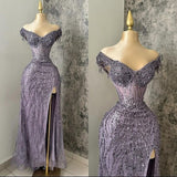 Modern Mermaid Off The Shoulder Light Grape Slit Prom Dresses Formal Dress 18th Birthday Outfits Prom Gown HZ0311