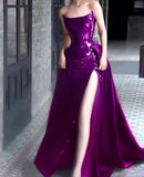 Amazing Mermaid Strapless Grape Sequin Slit Long Prom Dresses Inspiration Party Dress Prom Gown HZ0311