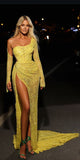Sexy Mermaid One Shoulder Yellow Lace Split Prom Dresses Formal Dress 18th Birthday Outfits Prom Gown HZ0311
