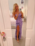 Elegant Sheath One Shoulder Sequin Lilac Slit Senior Aesthetic Prom Dresses Prom Gowns Formal Outfits Graduation Dress HZ0311