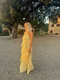 Classy A line Halter Yellow Chiffon Layers Long Prom Dresses Formal Dress Birthday Outfits Prom Gown HZ0311