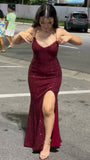 Sexy Mermaid Spaghetti Straps Burgundy Slit Prom Dresses Formal Dress 18th Birthday Outfits Prom Gown HZ0311