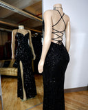 Sexy Mermaid Spaghetti Straps Black Sequin Slit Prom Dresses Formal Dress 18th Birthday Outfits Prom Gown HZ0311