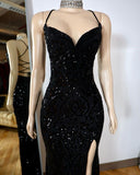 Sexy Mermaid Spaghetti Straps Black Sequin Slit Prom Dresses Formal Dress 18th Birthday Outfits Prom Gown HZ0311
