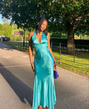 Chic Mermaid V Neck Blue Satin Prom Dresses Formal Dress 18th Birthday Outfits Prom Gown HZ0311