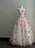 Cute Ball Gown Sweetheart Pink Flowers Long Tulle Quinceanera Dress Sweet 15 16 Dresses HZ0311