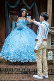Charming Ball Gown Off The Shoulder Blue Flowers Satin Long Quinceanera Dress Sweet 15 16 Dresses HZ0311