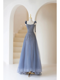 Timeless A line Spaghetti Straps Blue Silk Tulle Long Prom Dresses Inspiration Party Dress Prom Gowns HZ0311