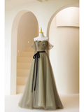 Cute A Line Off The Shoulder Olive Green Tulle Prom Dresses Formal Dress 18th Birthday Outfits Prom Gown HZ0311
